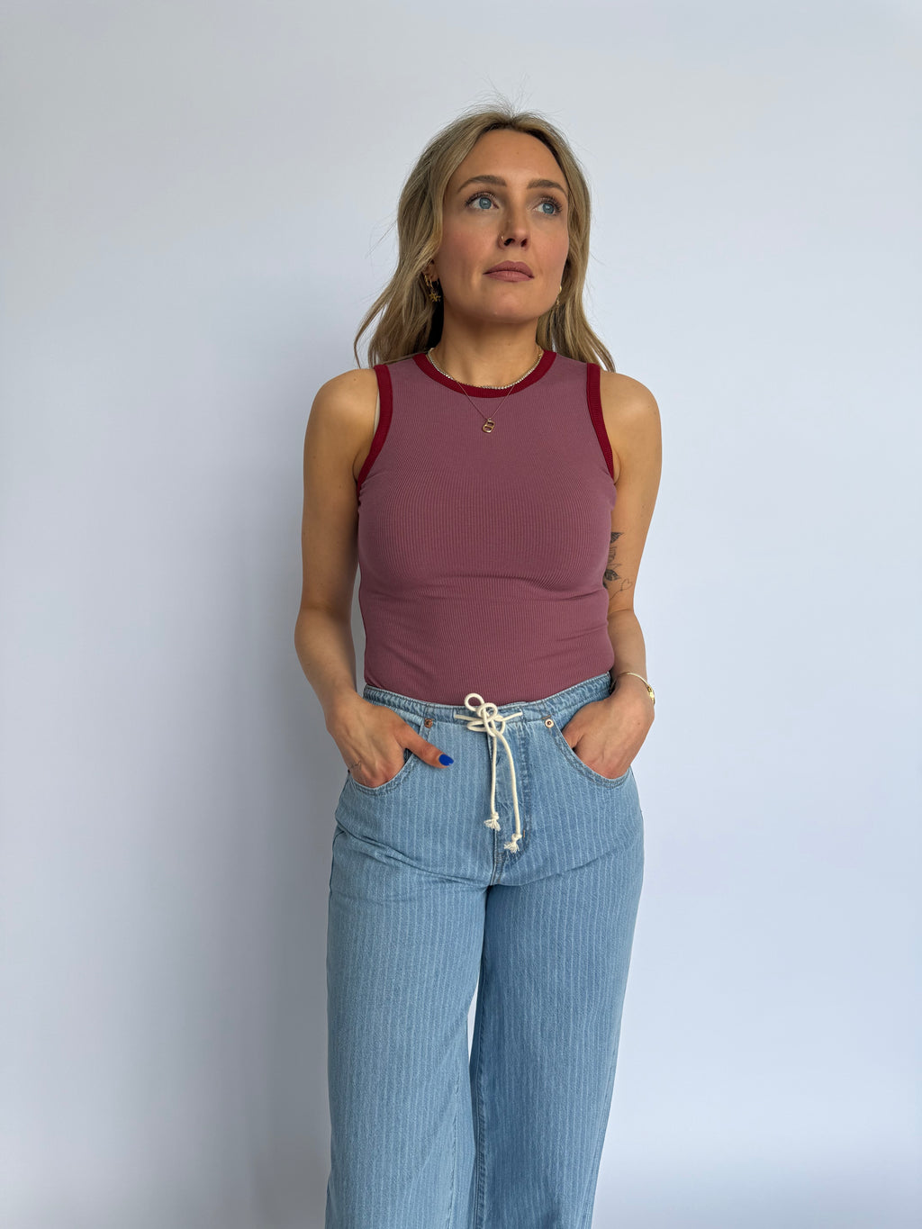 Opal Colorblock Ribbed Tank Bodysuit in Berry + Burgundy