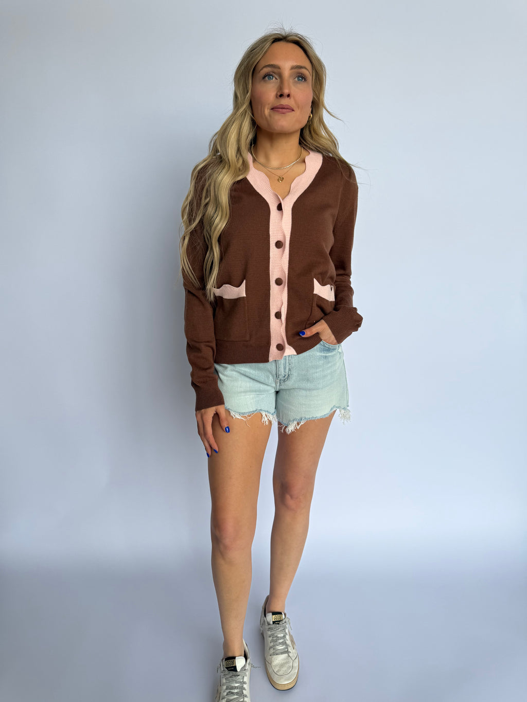 Pearl Scallop Cardigan in Brown Pink