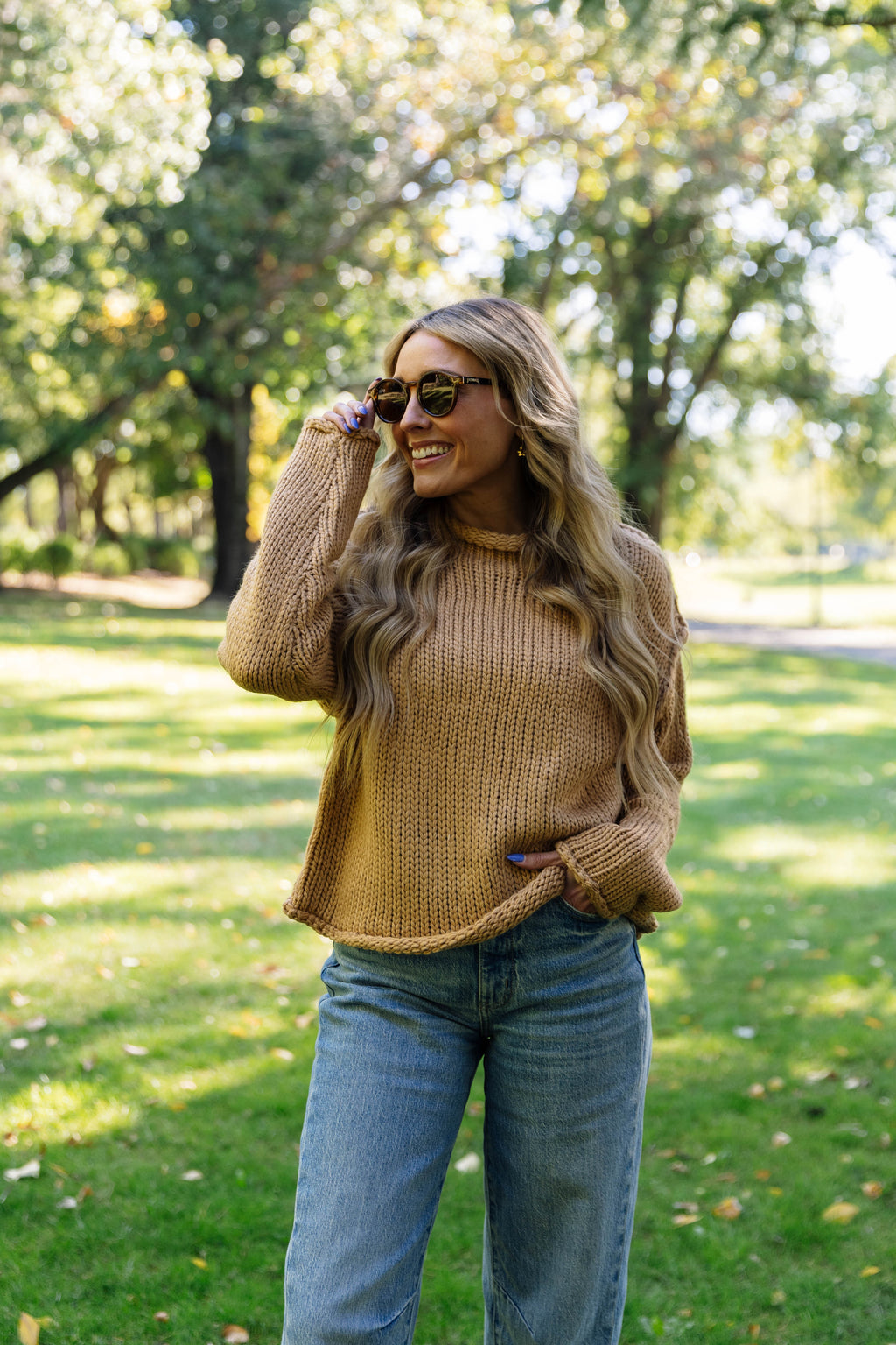 Valeria Rolled Collar Knit Sweater in Light Brown