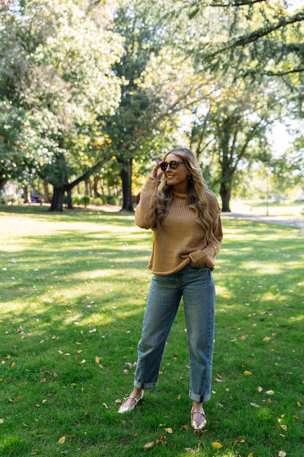 Valeria Rolled Collar Knit Sweater in Light Brown