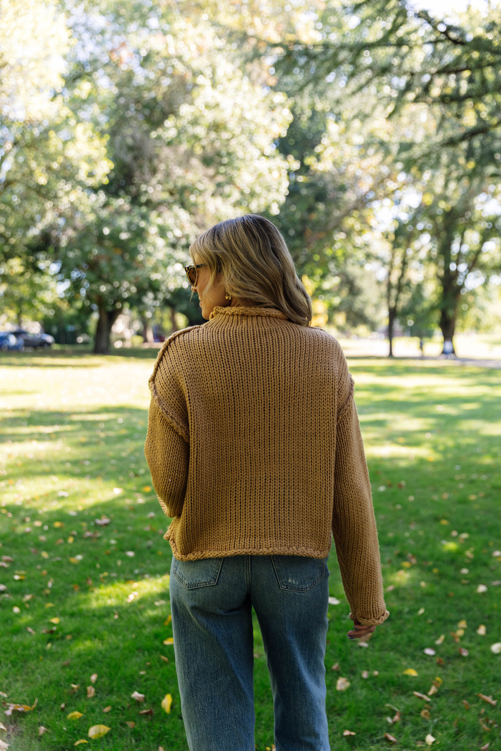 Valeria Rolled Collar Knit Sweater in Light Brown