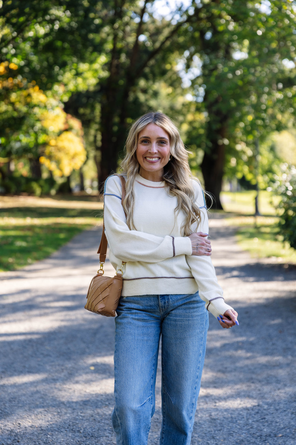 Shari Multi Contrast Detail Knit Top in Cream