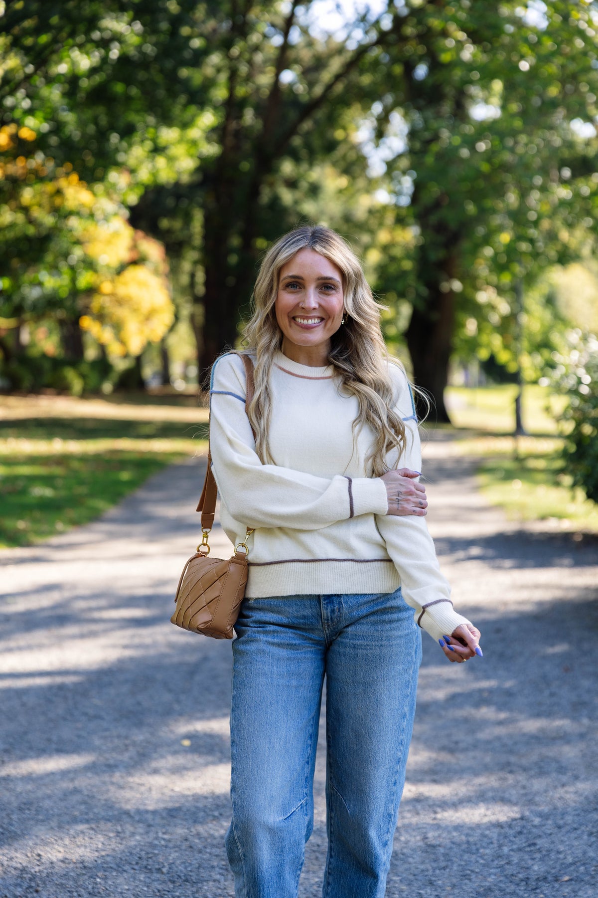 Shari Multi Contrast Detail Knit Top in Cream
