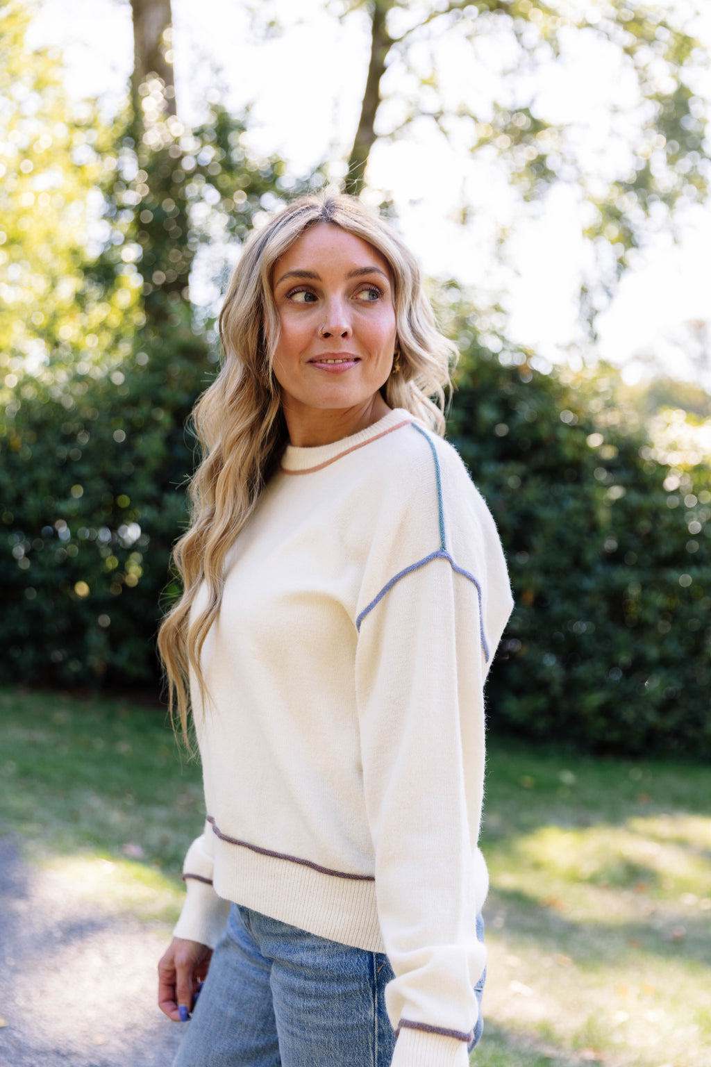 Shari Multi Contrast Detail Knit Top in Cream