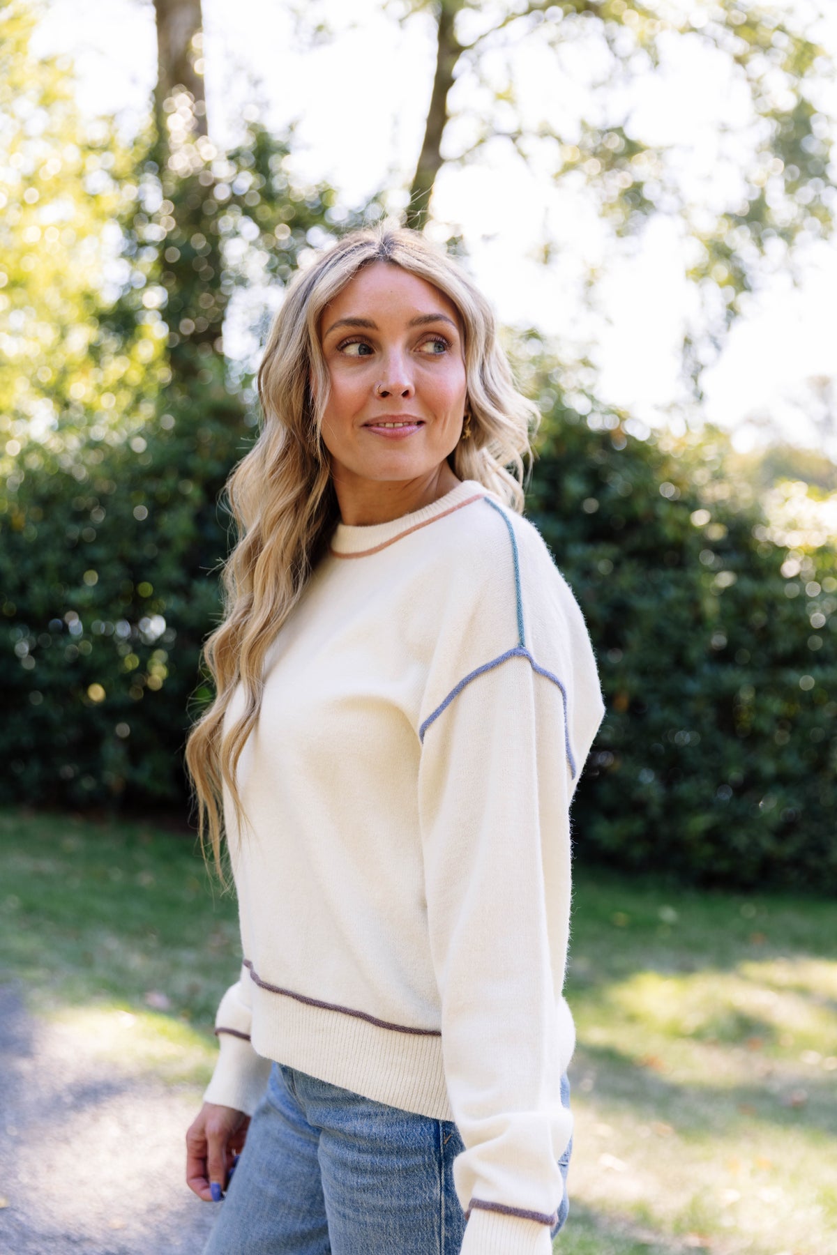 Shari Multi Contrast Detail Knit Top in Cream