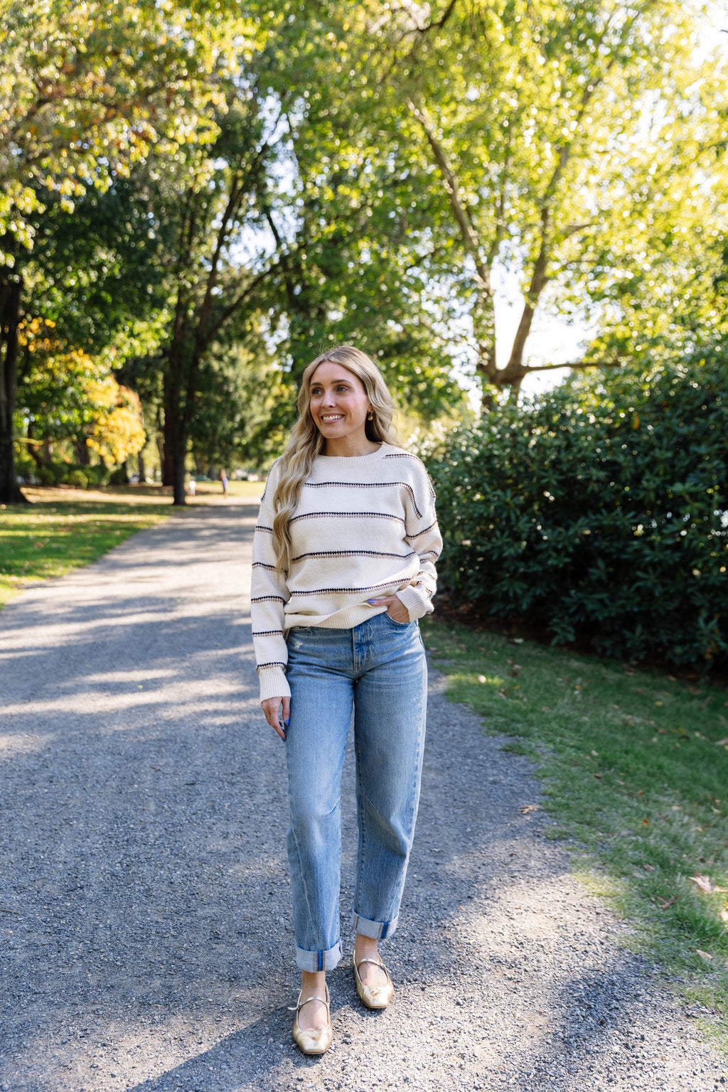 Naveah Striped Crewneck Sweater in Oatmeal
