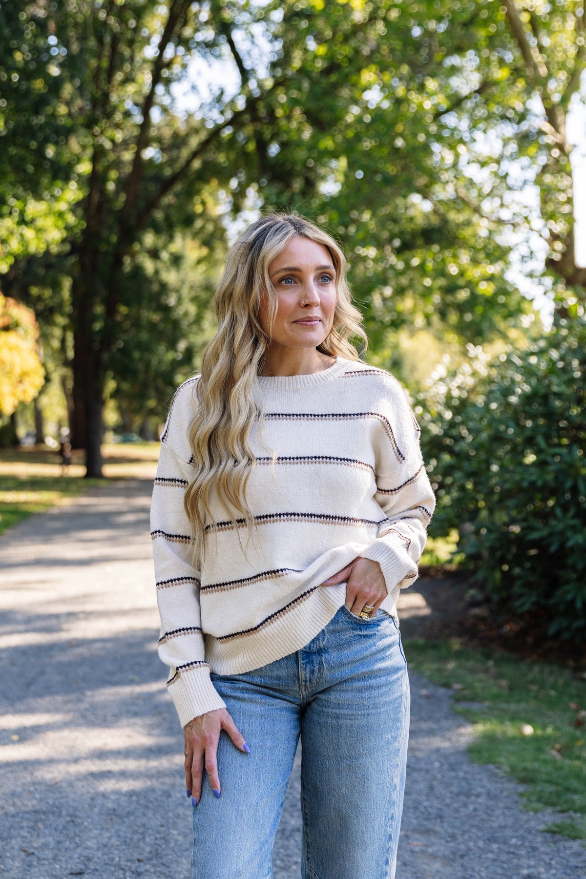 Naveah Striped Crewneck Sweater in Oatmeal