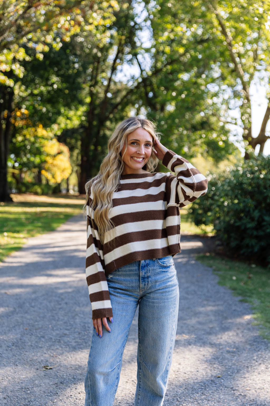 Ashley Striped Boat Neck Sweater in Cork Brown