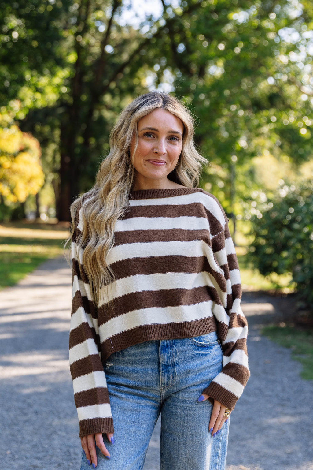 Ashley Striped Boat Neck Sweater in Cork Brown