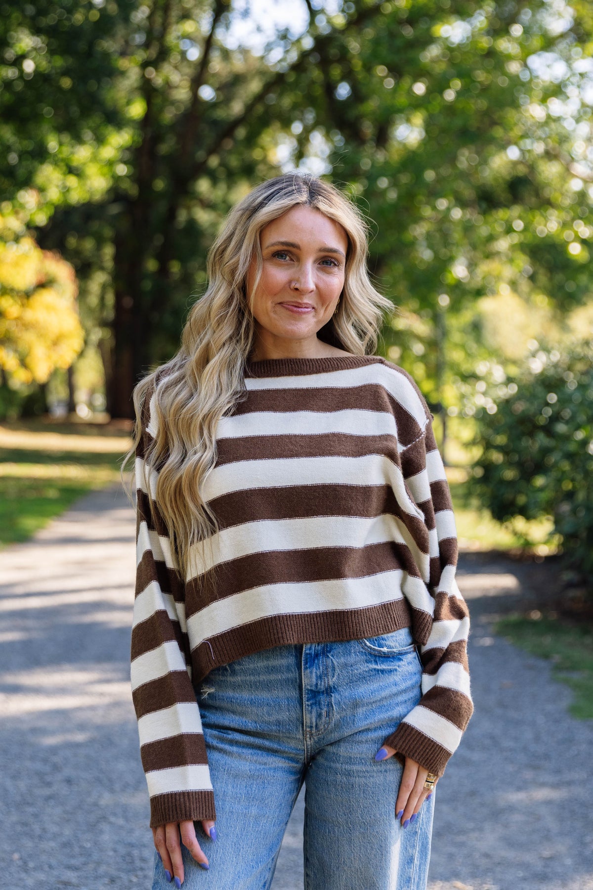Ashley Striped Boat Neck Sweater in Cork Brown