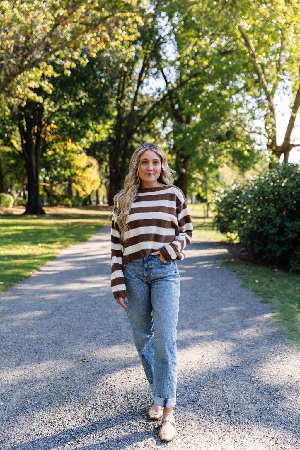 Ashley Striped Boat Neck Sweater in Cork Brown