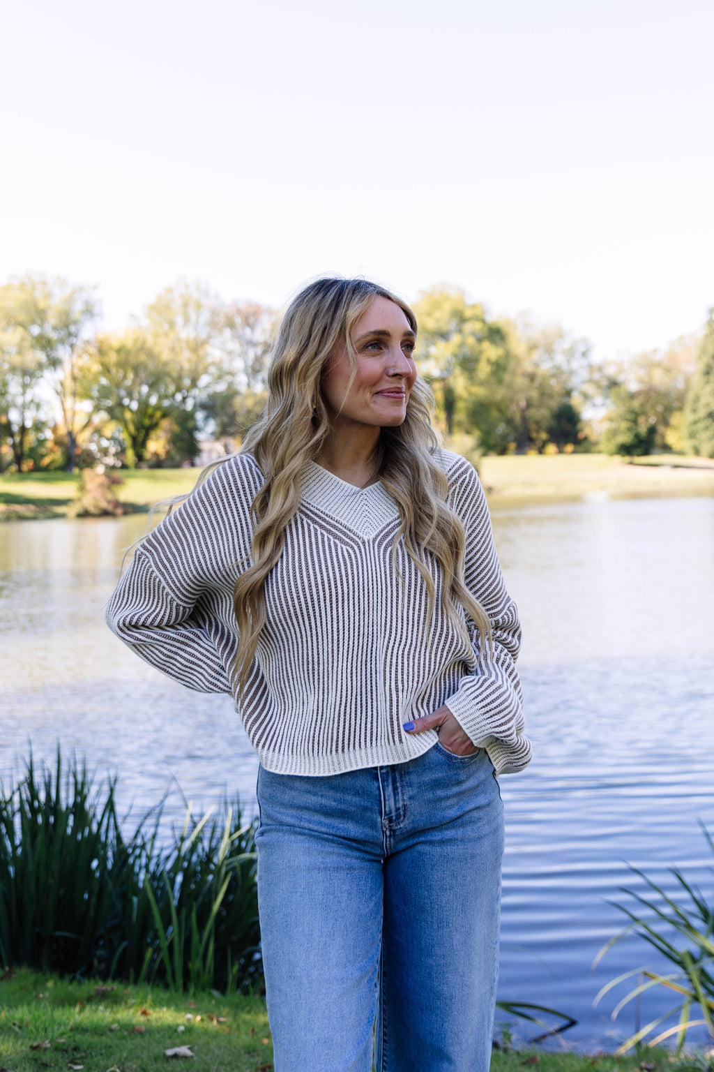 Gemma Striped V-Neck Sweater-Taupe