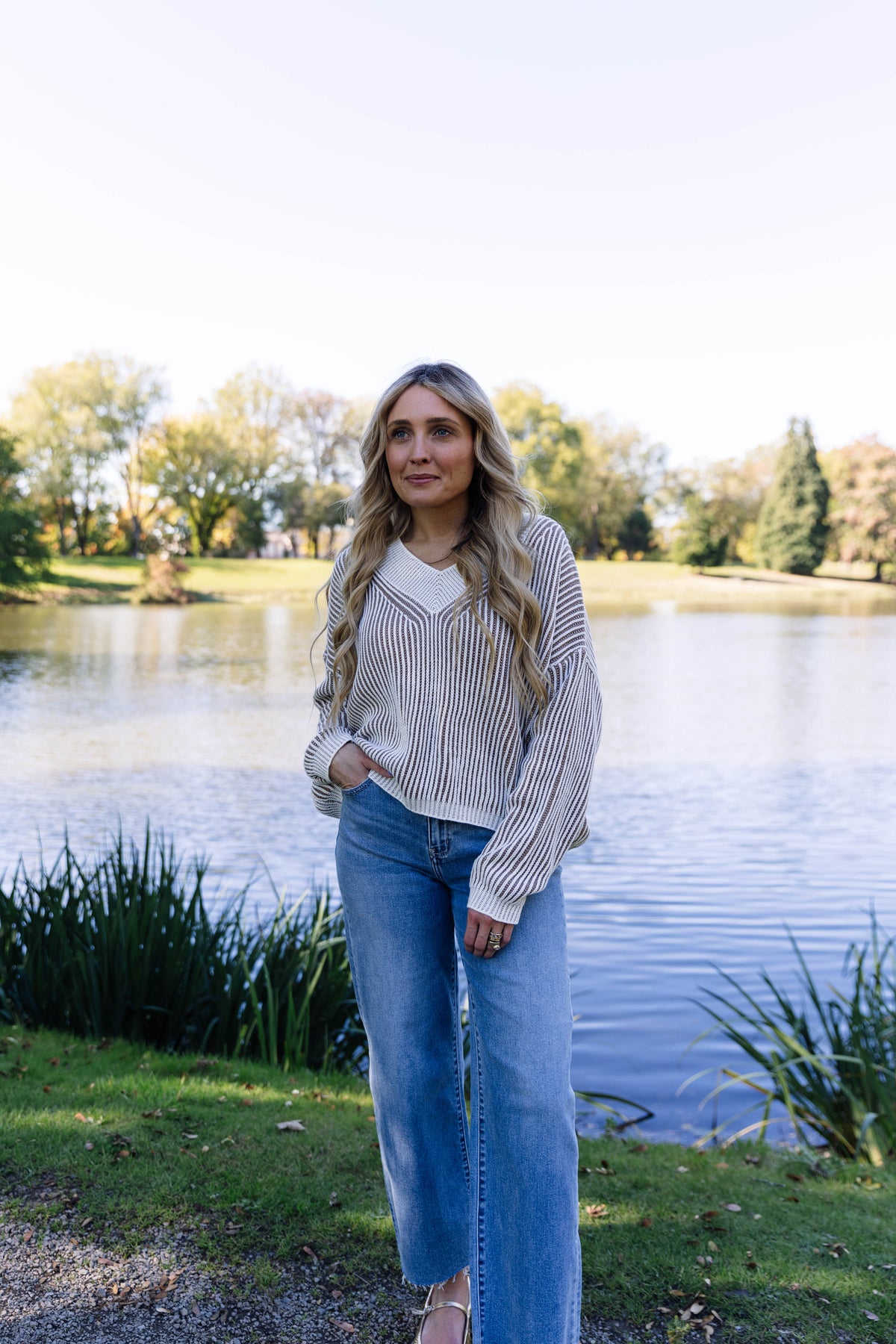 Gemma Striped V-Neck Sweater-Taupe