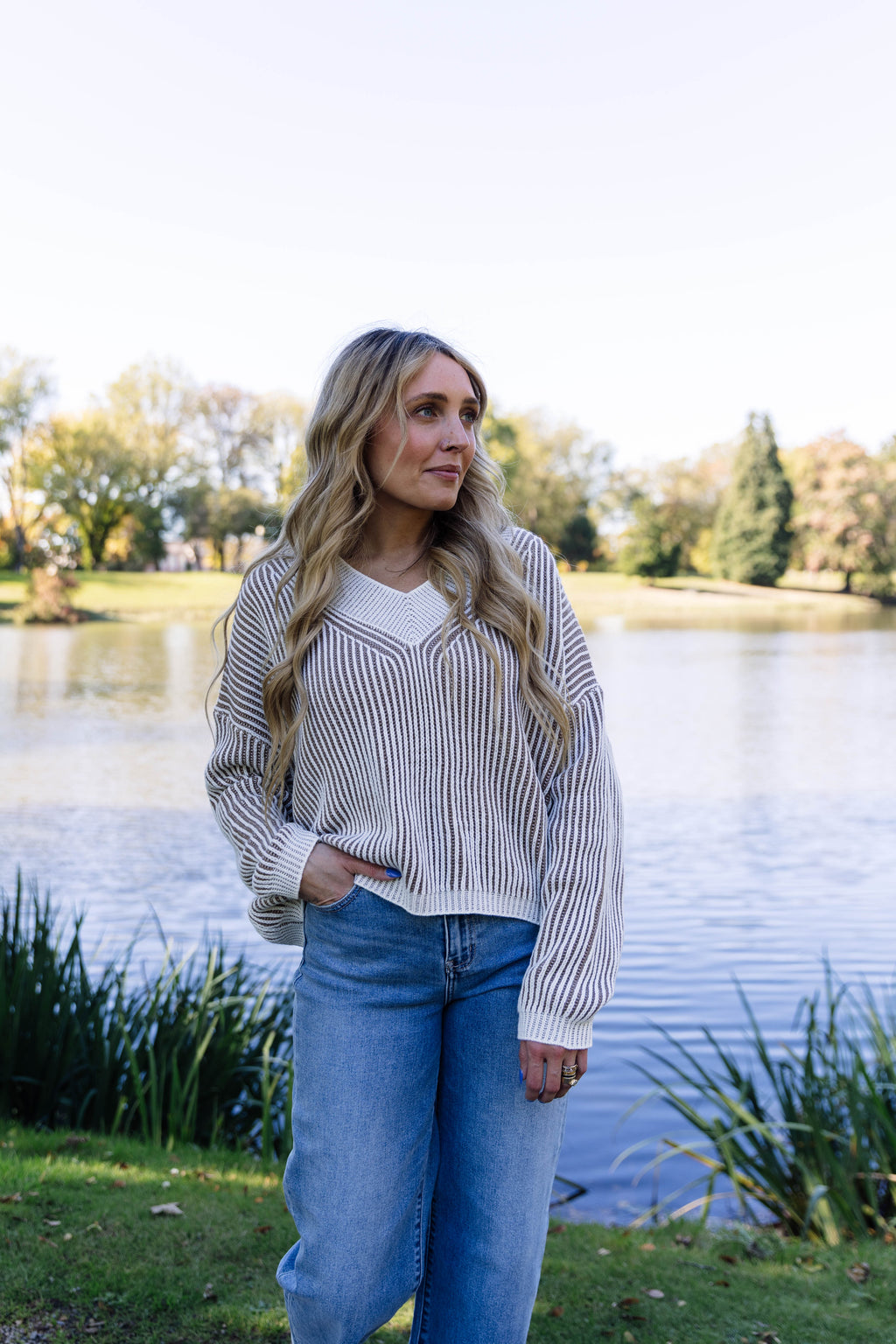 Gemma Striped V-Neck Sweater-Taupe