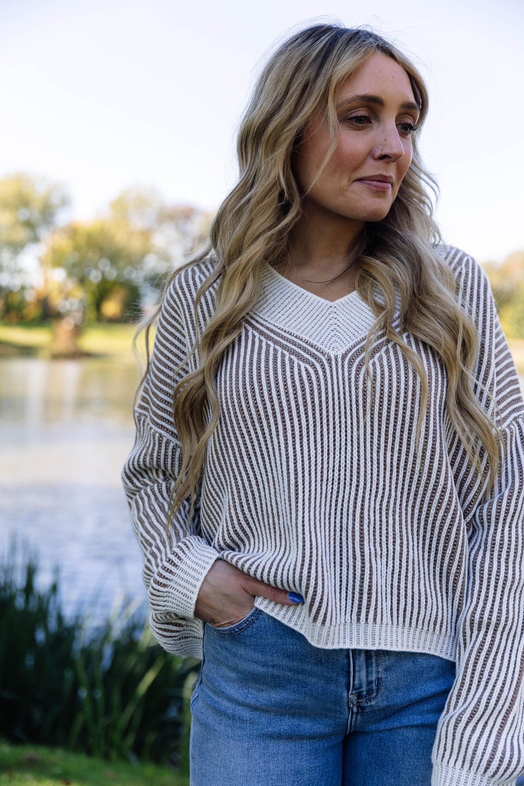 Gemma Striped V-Neck Sweater-Taupe