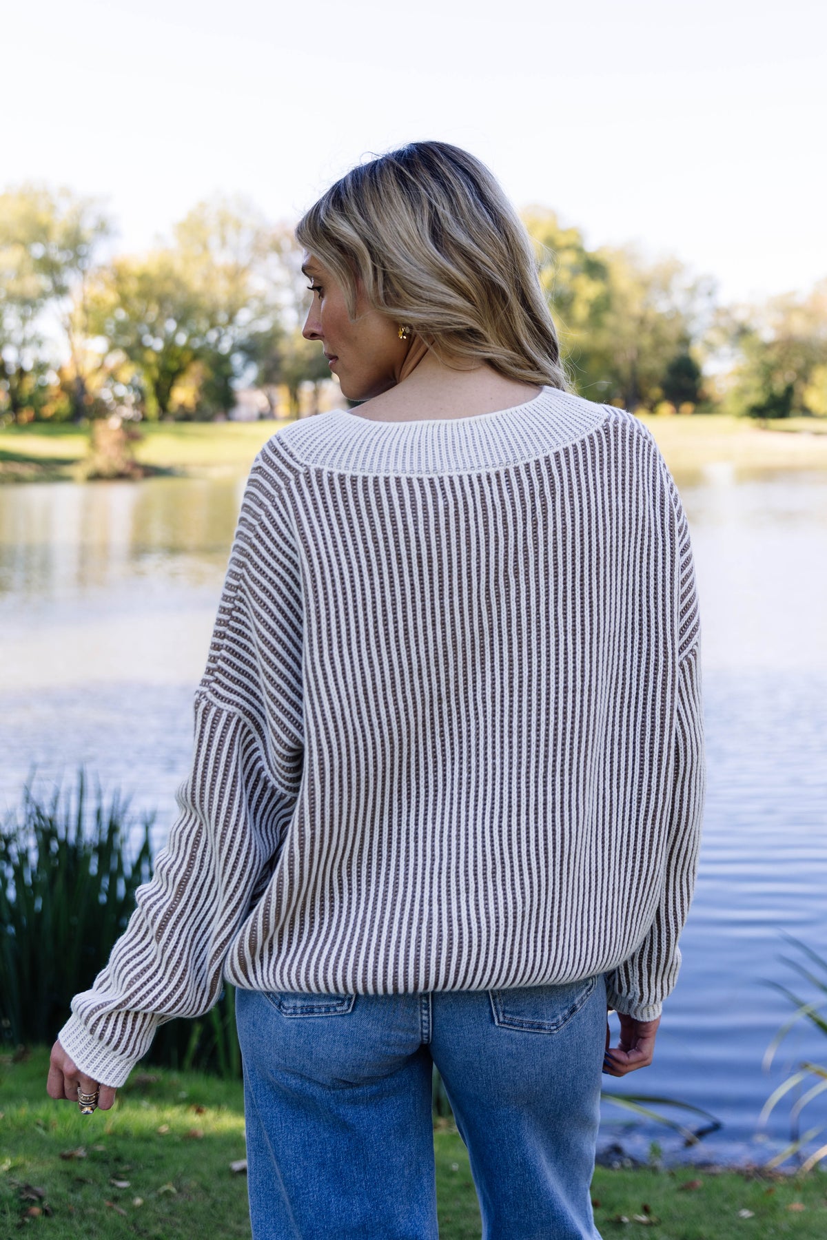 Gemma Striped V-Neck Sweater-Taupe