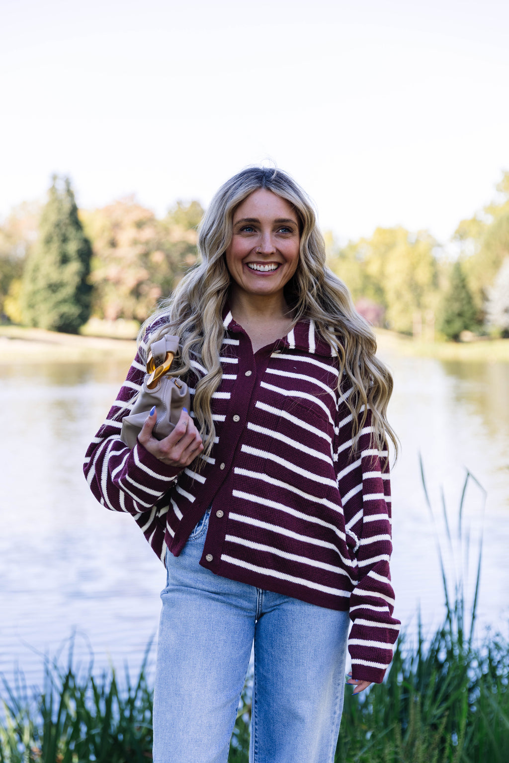 Blair Striped Button Front Cardigan in Wine