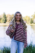 Blair Striped Button Front Cardigan in Wine