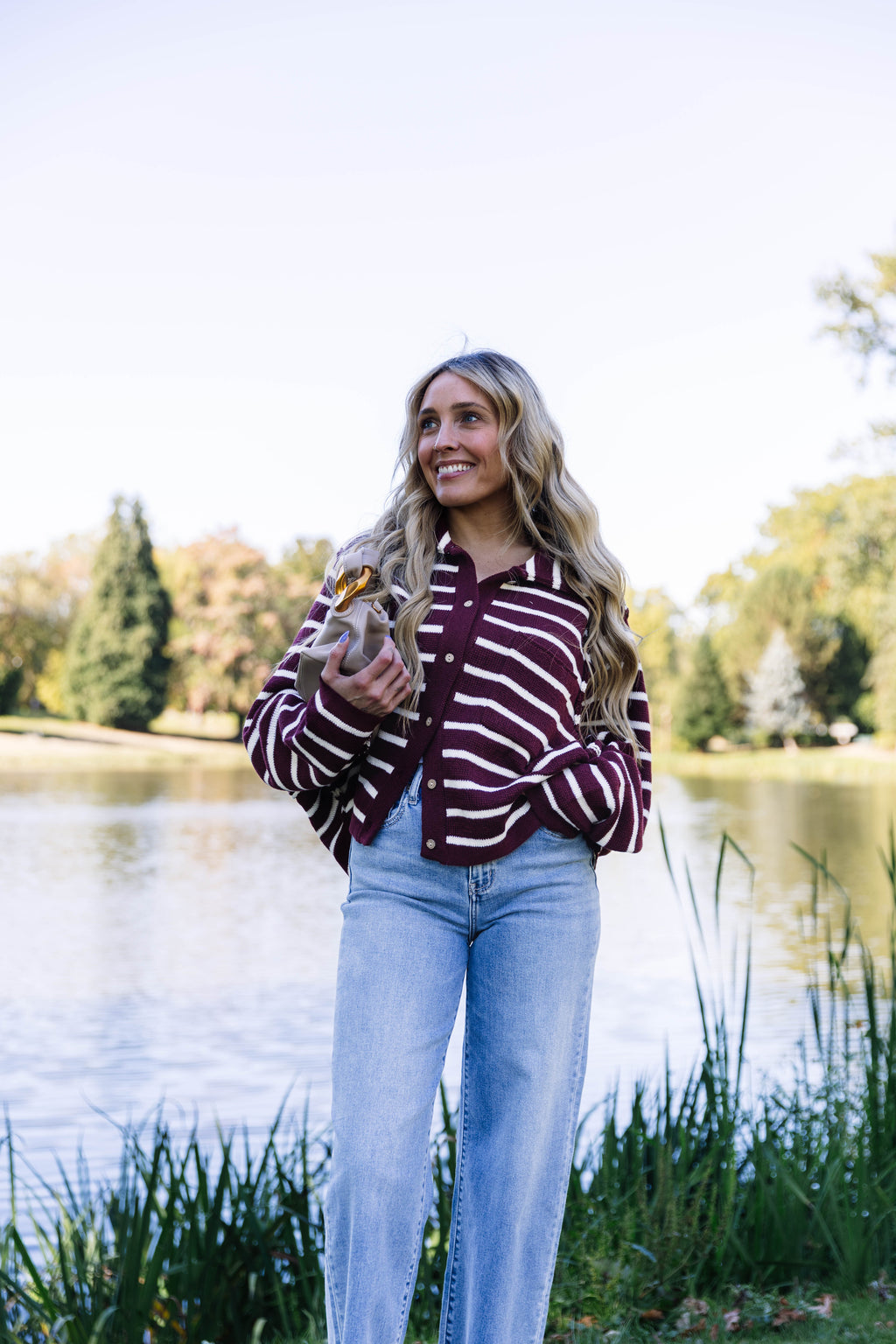 Blair Striped Button Front Cardigan in Wine
