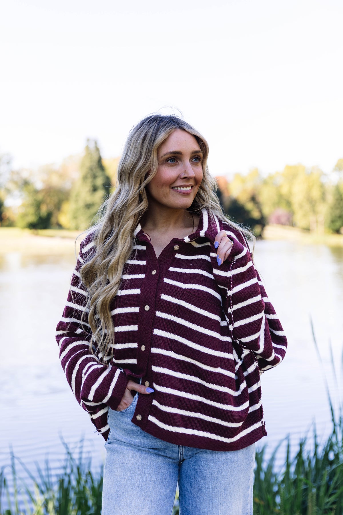 Blair Striped Button Front Cardigan in Wine