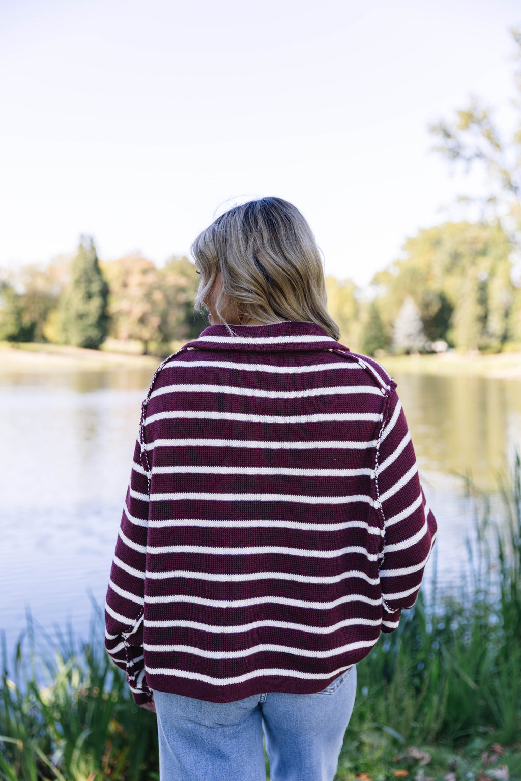 Blair Striped Button Front Cardigan in Wine