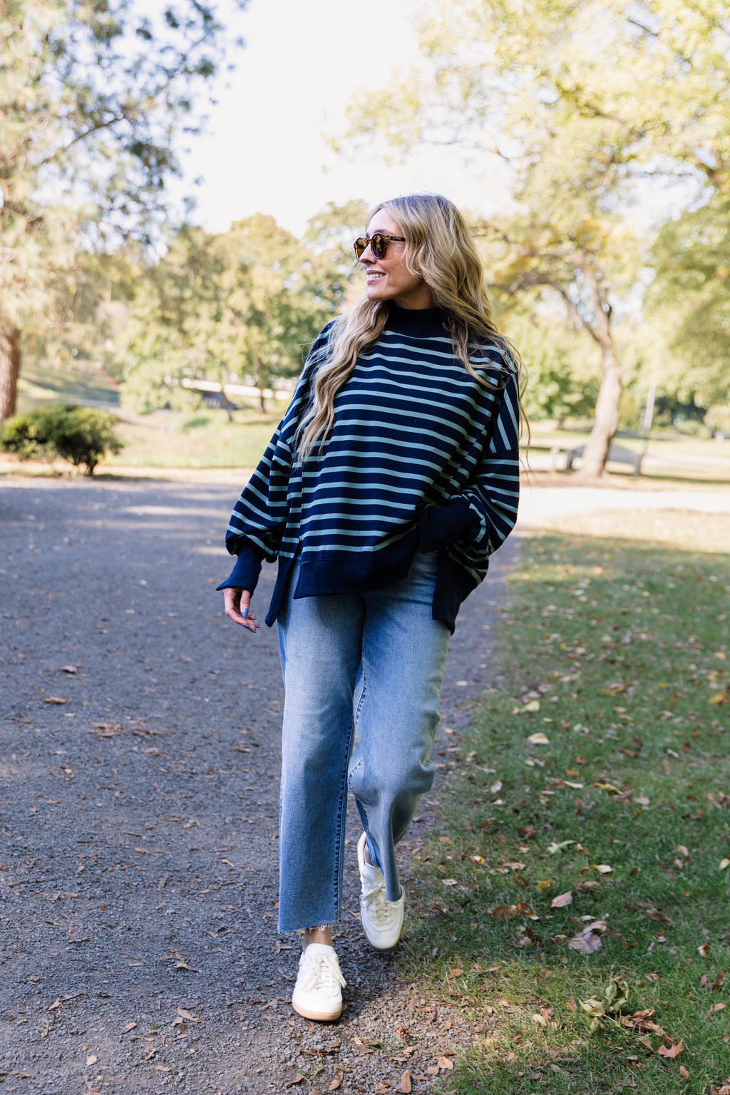 Luna Striped Mock Neck-Navy + Sage