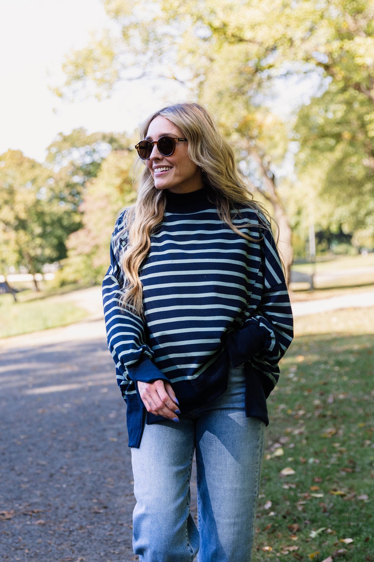 Luna Striped Mock Neck-Navy + Sage