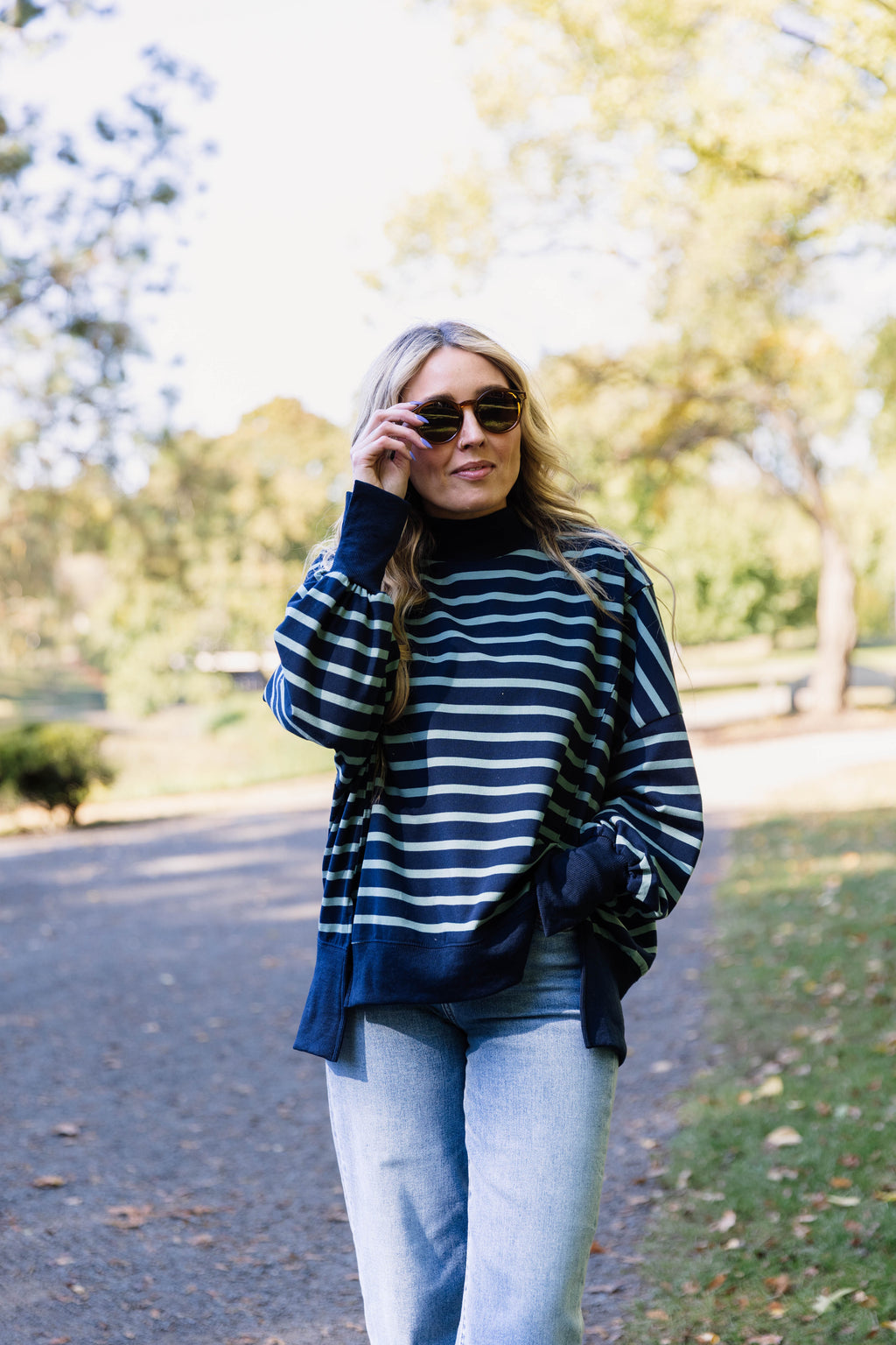 Luna Striped Mock Neck-Navy + Sage