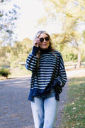 Luna Striped Mock Neck-Navy + Sage