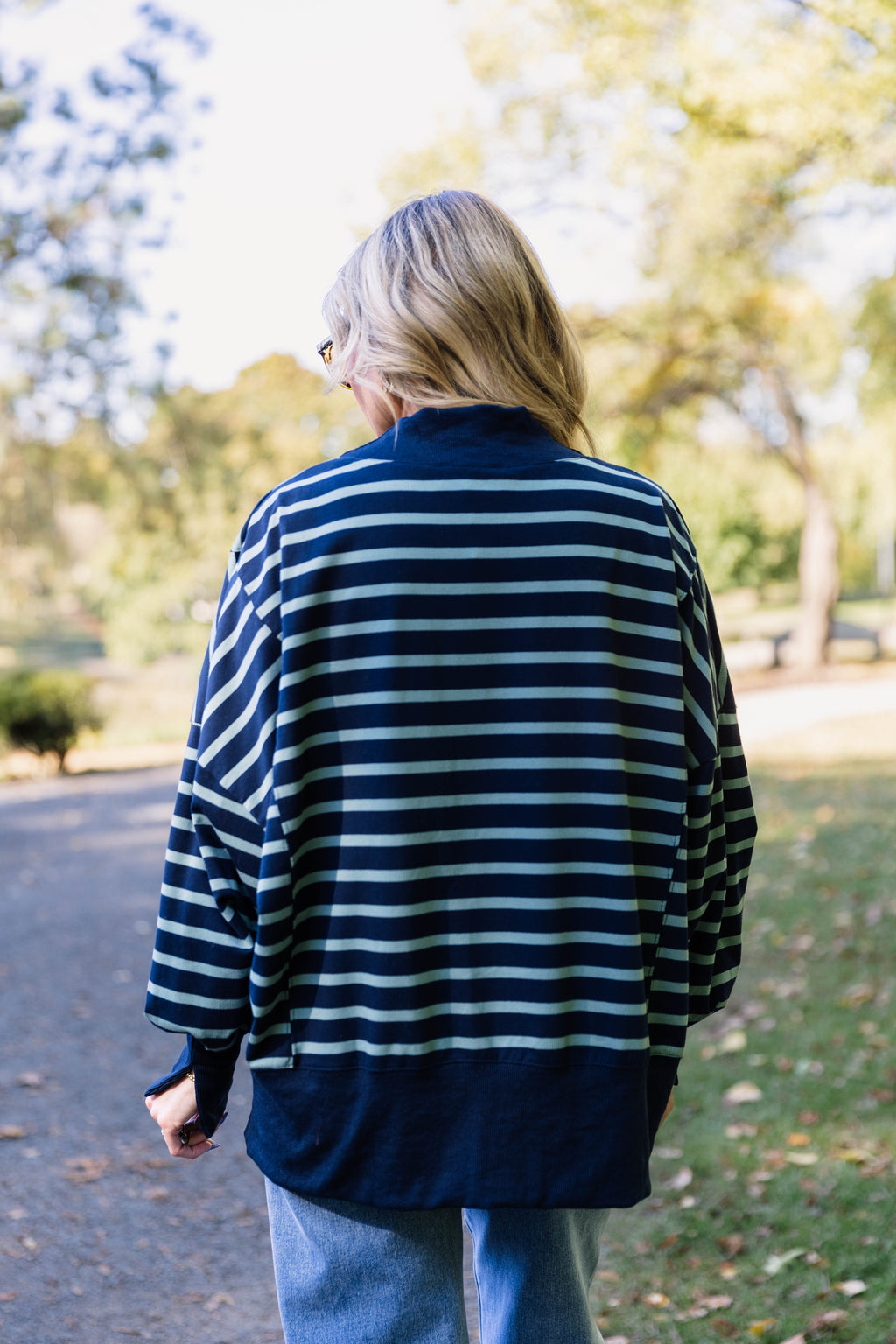 Luna Striped Mock Neck-Navy + Sage