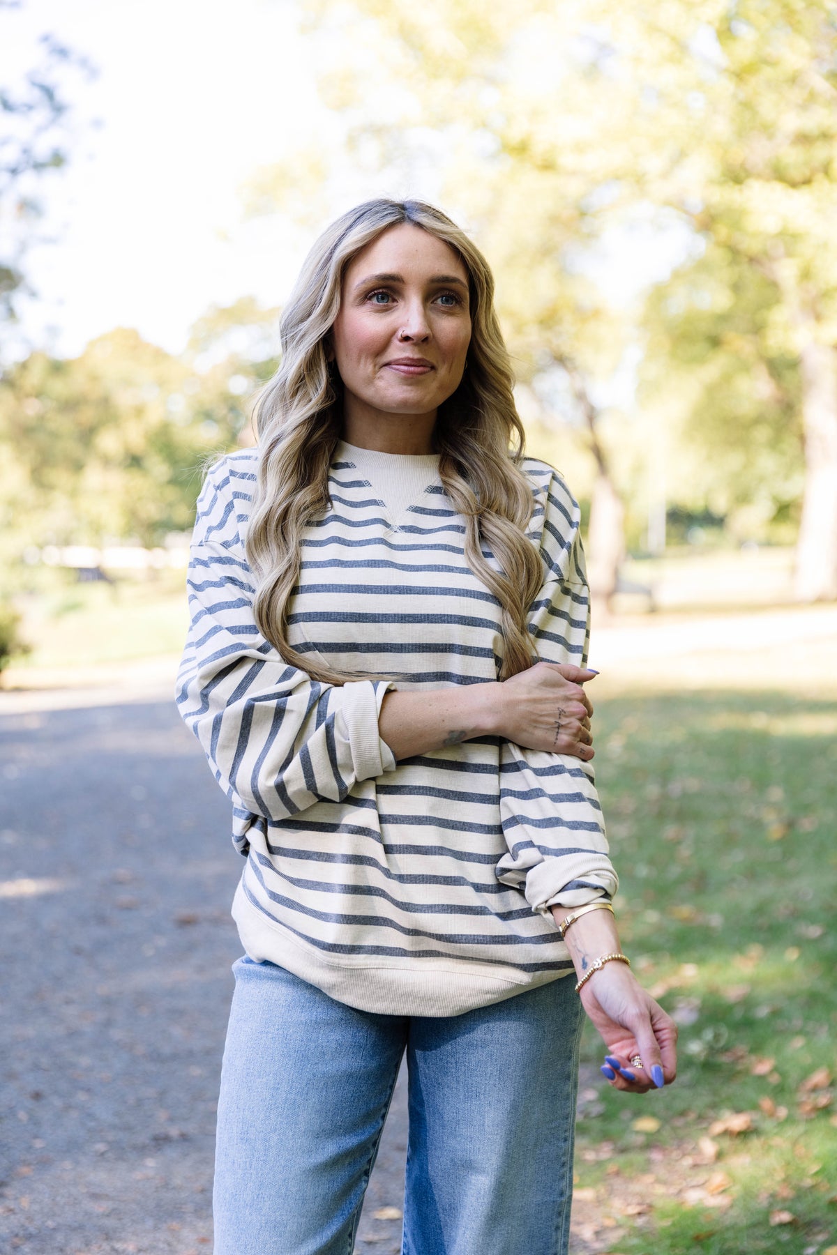 Adeline Striped Long Sleeve Top in Grey