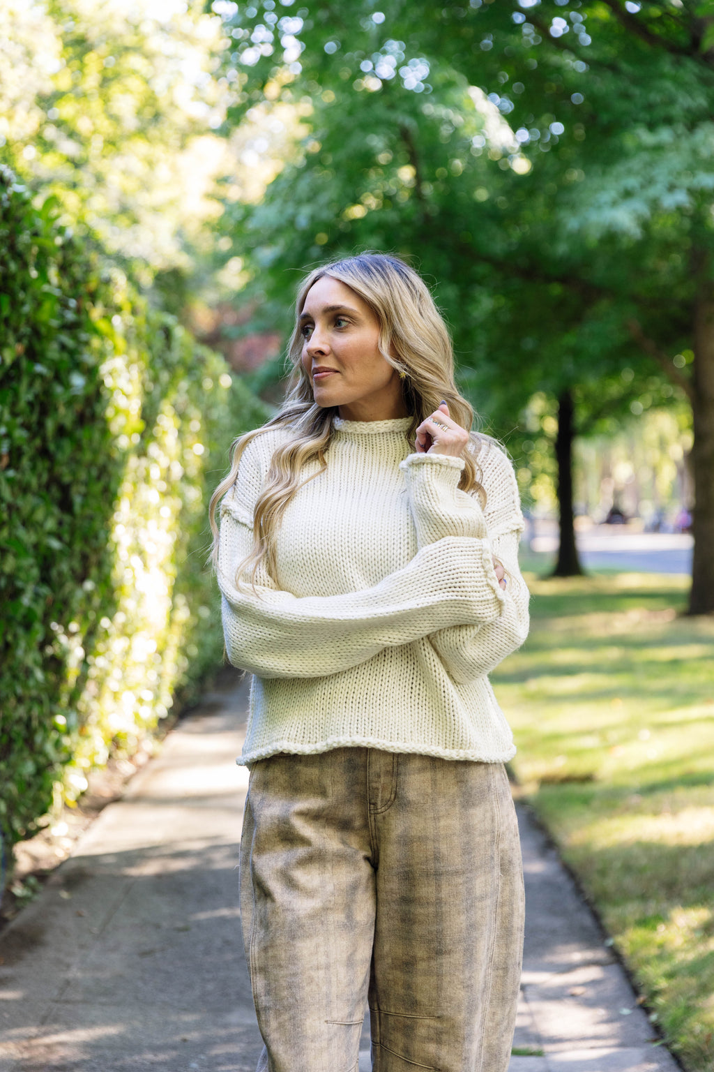 Valeria Rolled Collar Knit Sweater in Oatmeal