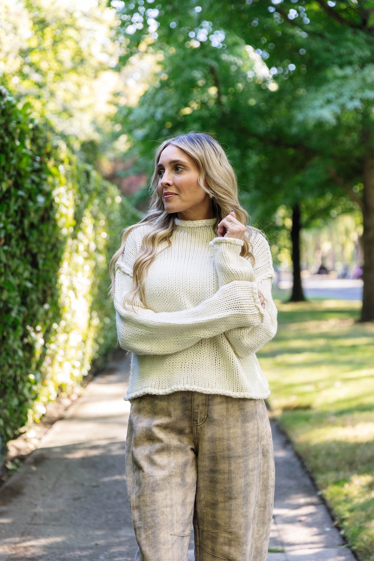 Valeria Rolled Collar Knit Sweater in Oatmeal