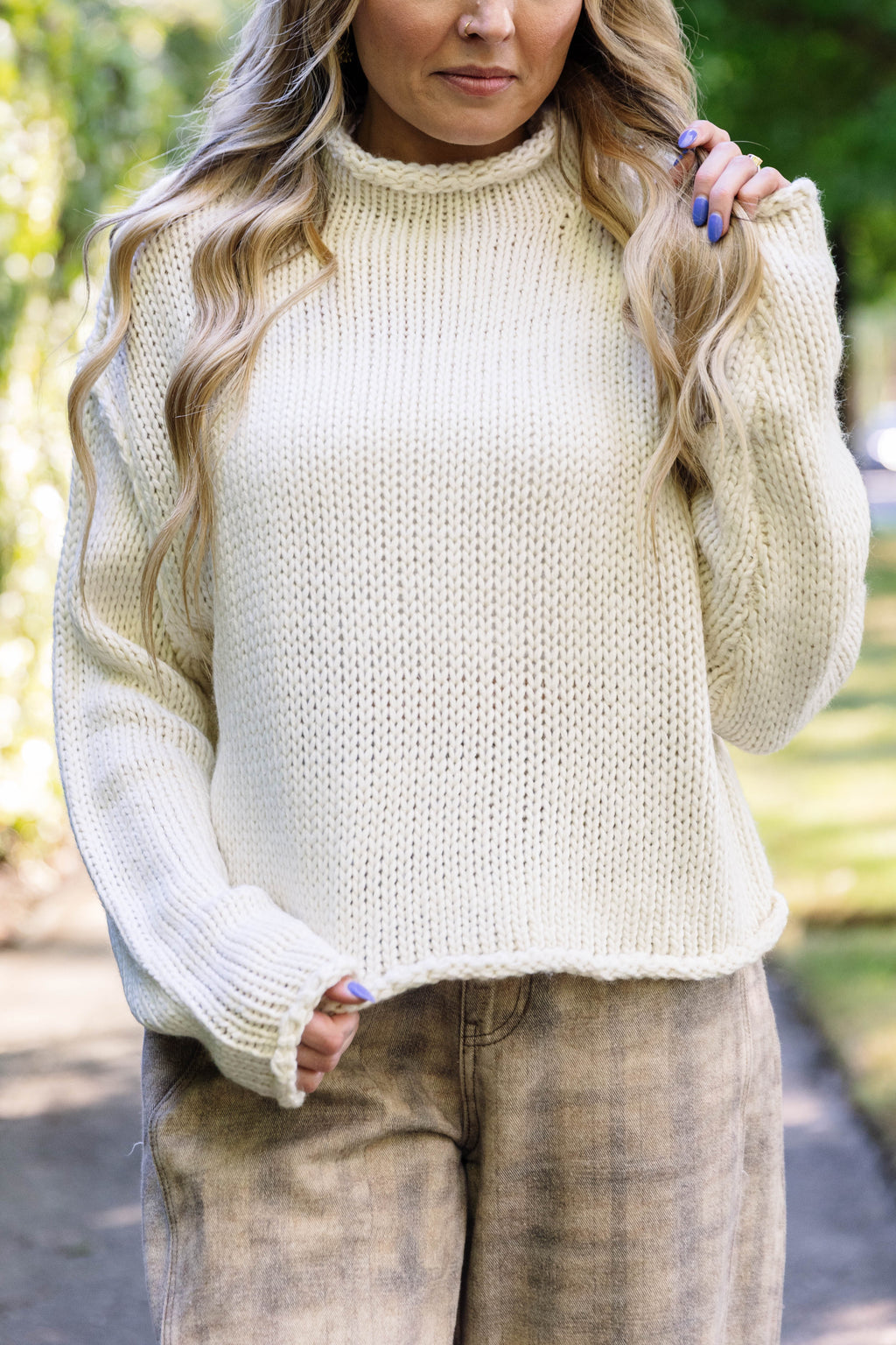 Valeria Rolled Collar Knit Sweater in Oatmeal