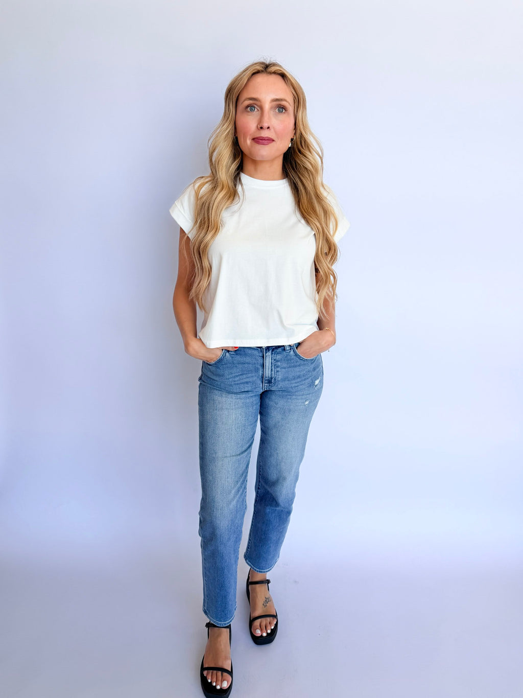 Elsin Cuffed Sleeve Top in Off White