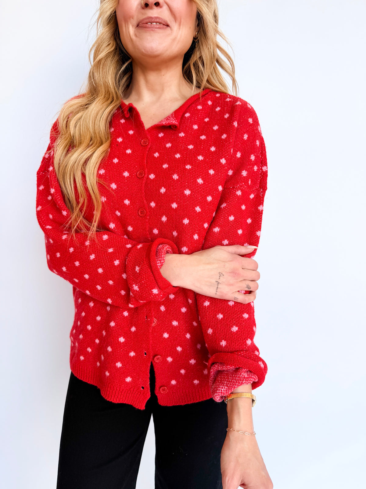 Isabel Sweet Dot Knit Cardigan in Red