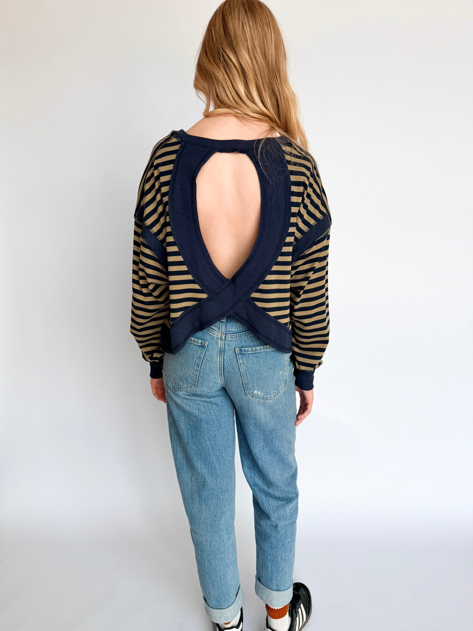 Aria Striped Long Sleeve Top in Navy