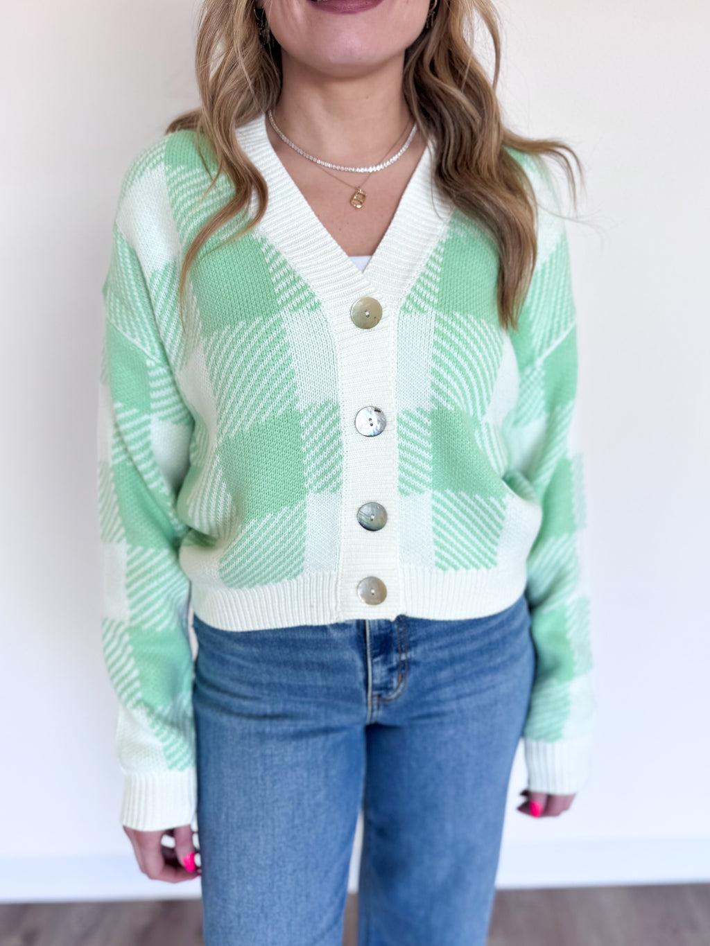 Maribel Plaid Checkered Cardigan in Pistachio
