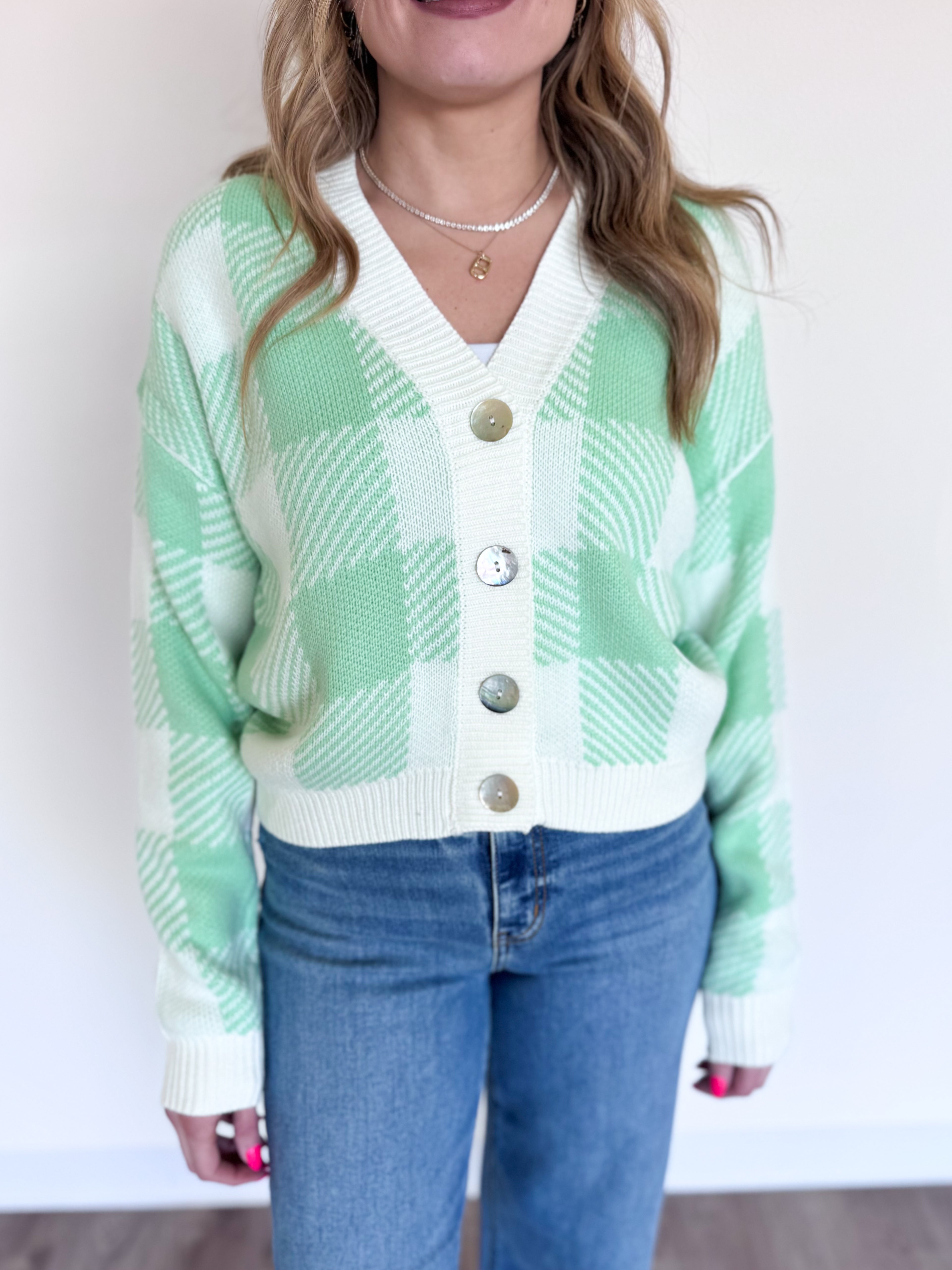 Maribel Plaid Checkered Cardigan in Pistachio