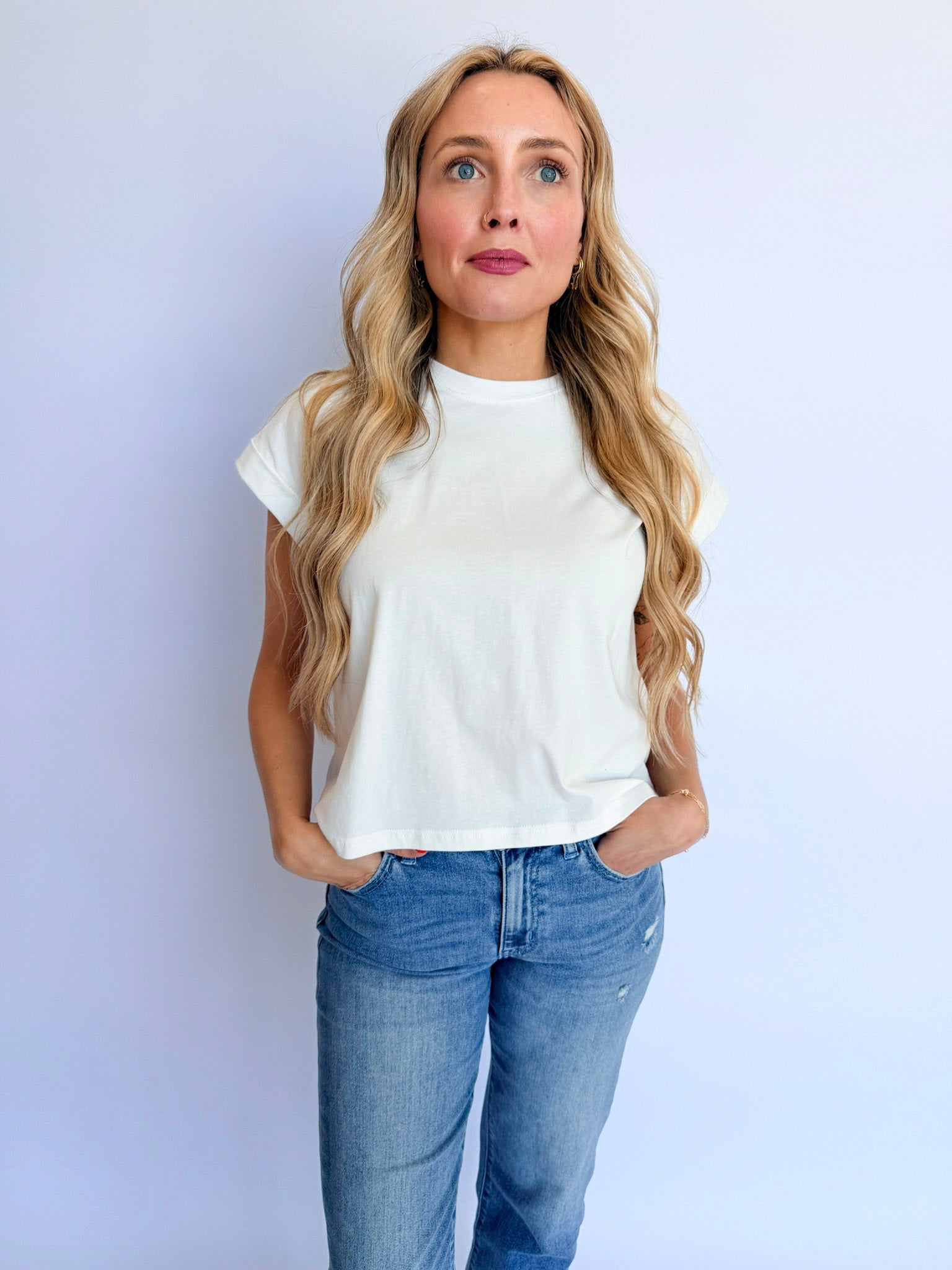 Elsin Cuffed Sleeve Top in Off White