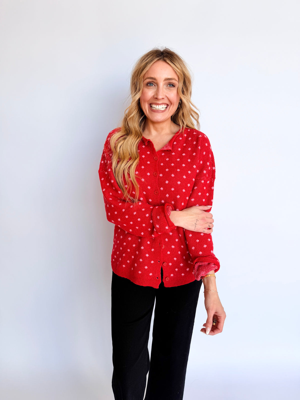 Isabel Sweet Dot Knit Cardigan in Red