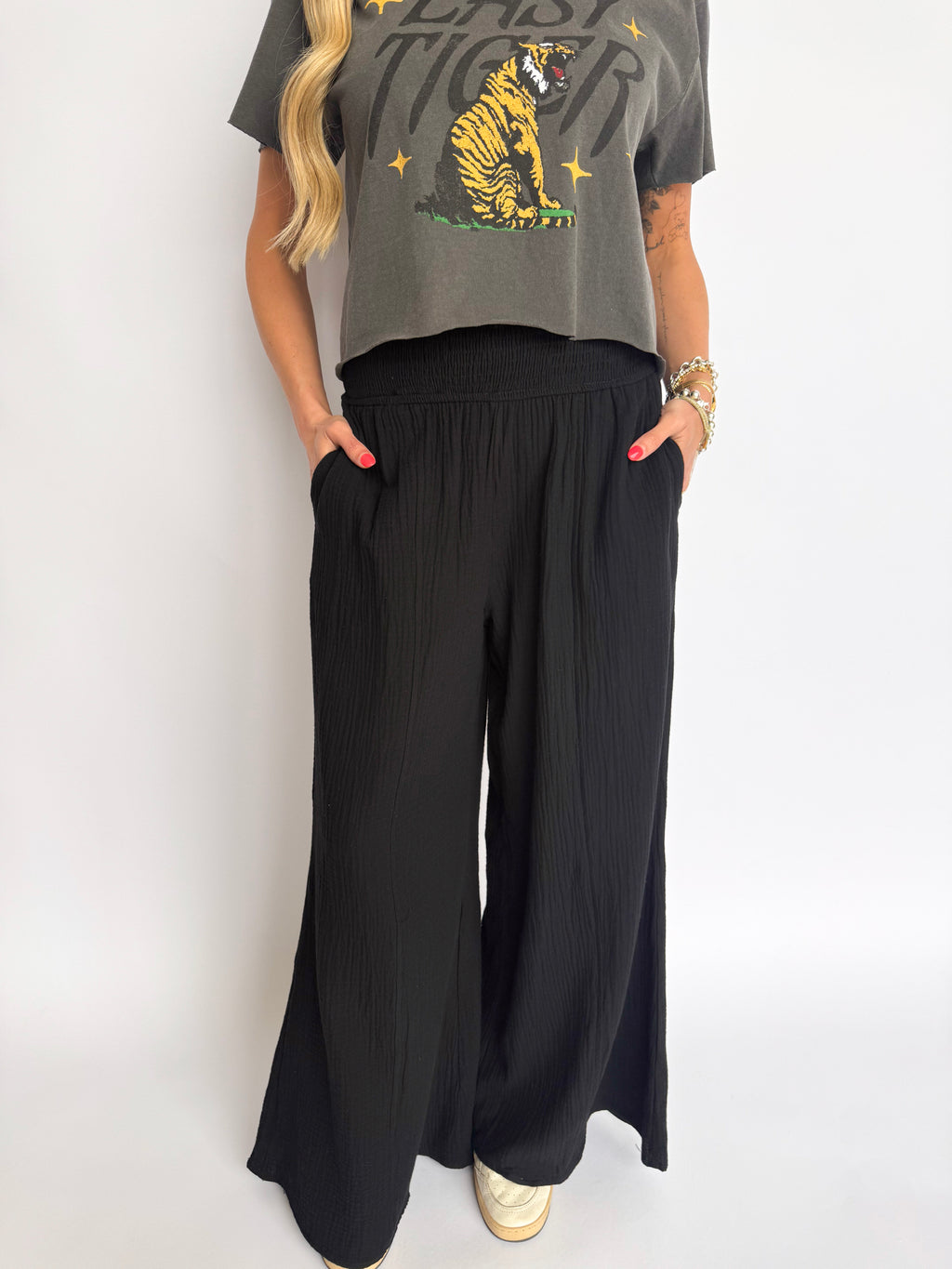 Quincy Smocked Waist Pants in Black