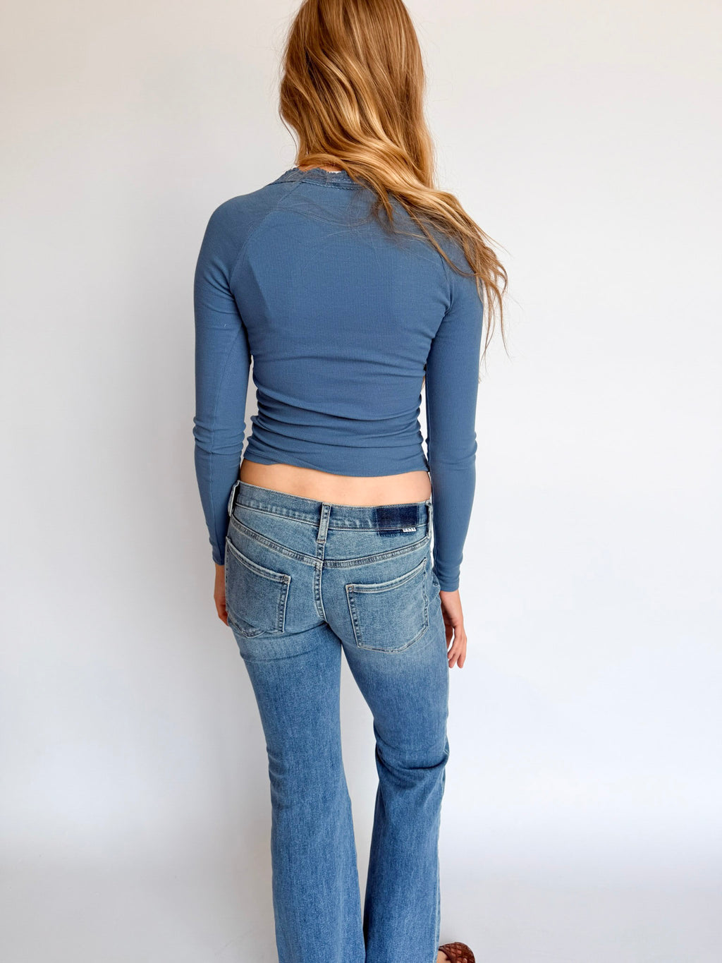 Leilani Lace Trim Henley in Dusty Blue