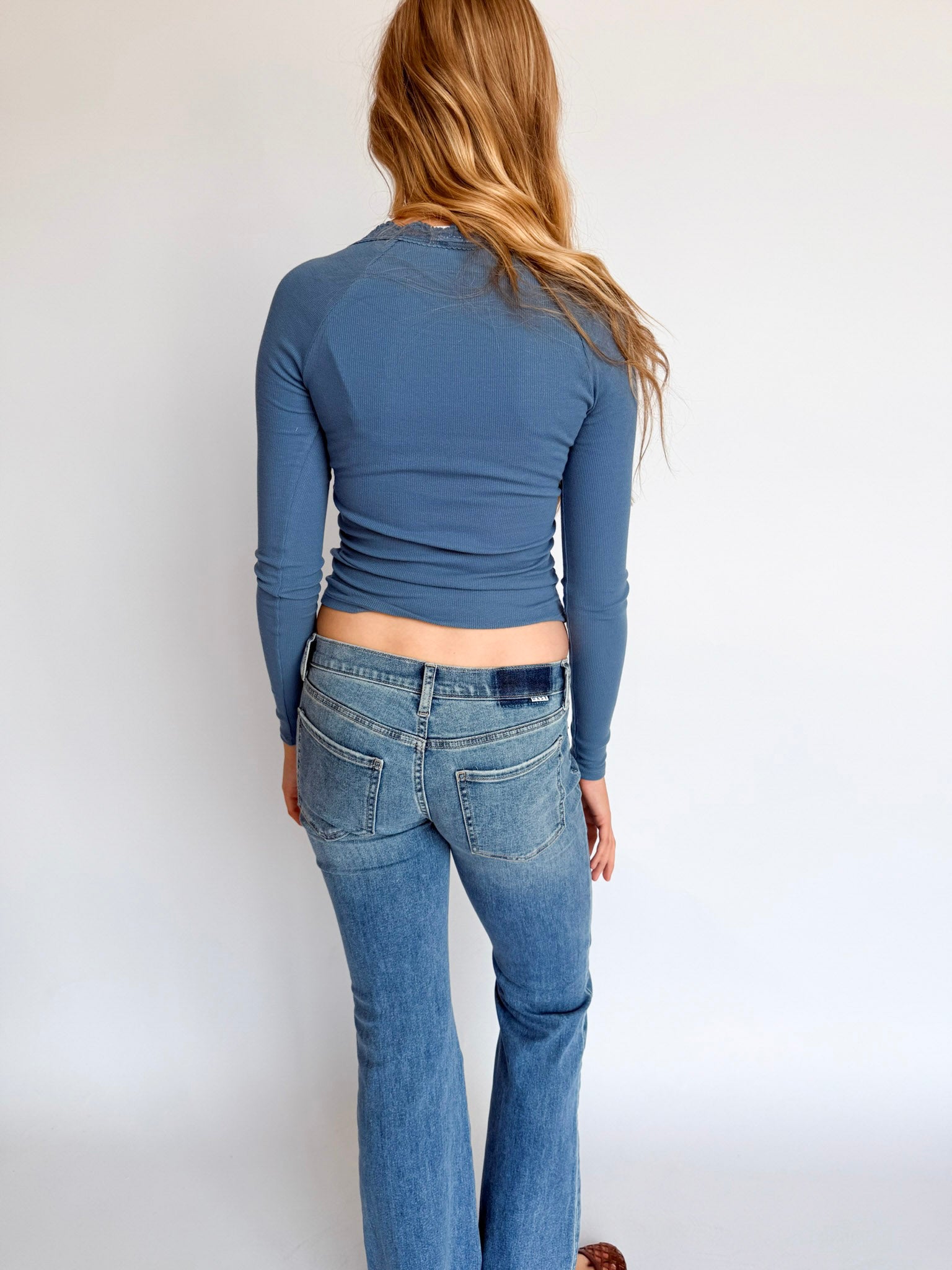 Leilani Lace Trim Henley in Dusty Blue