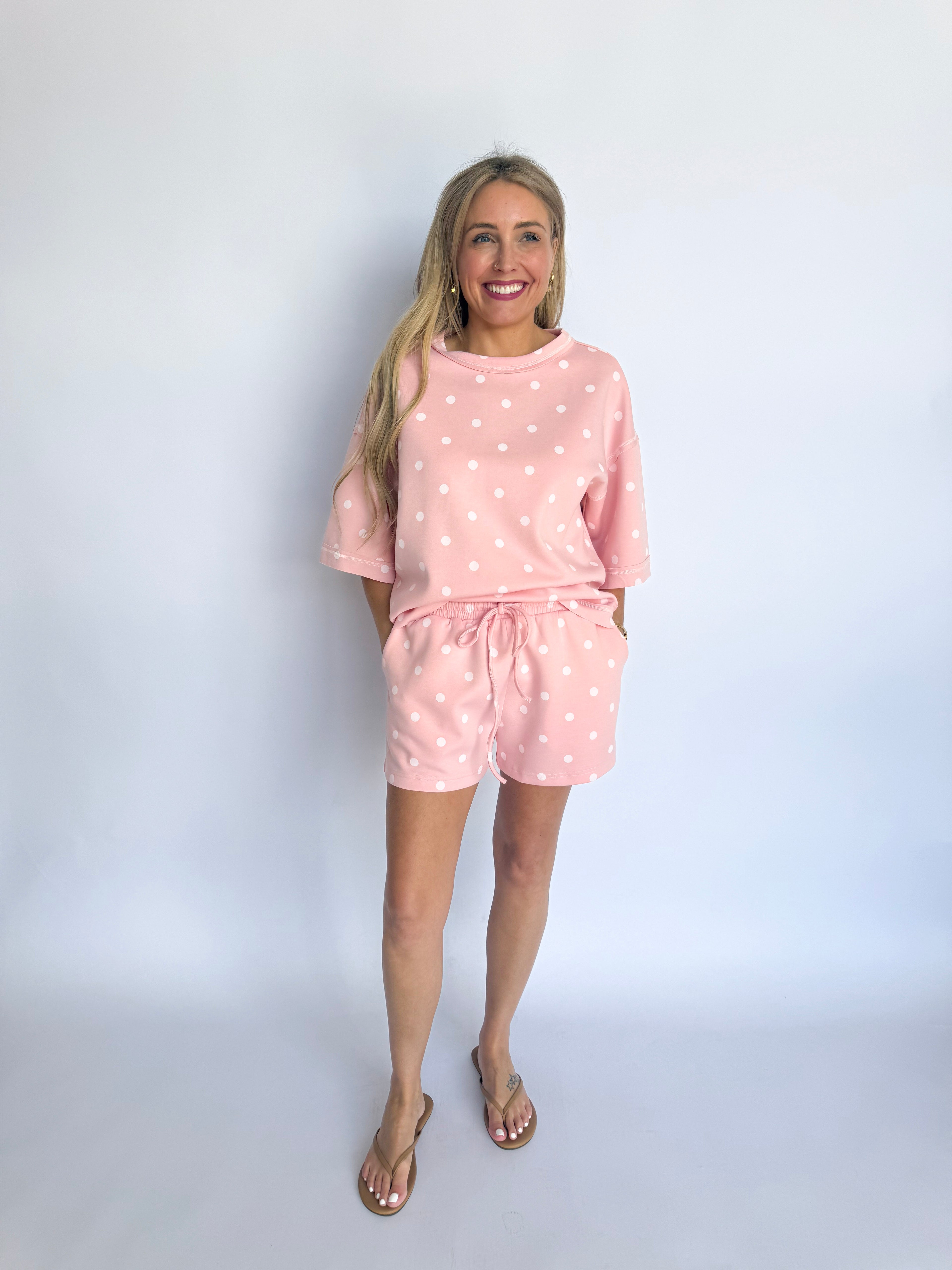 Logan Polka Dot Scuba Shorts + Top Set in Pink
