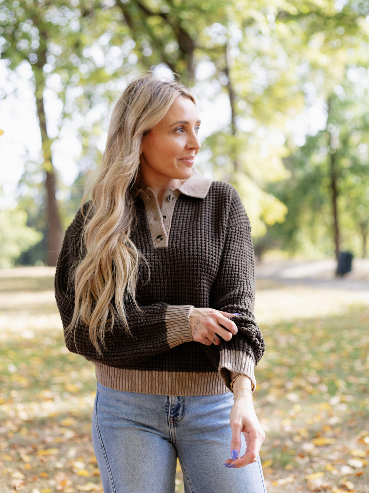 Evangeline Waffle Collar Sweater in Dark Olive