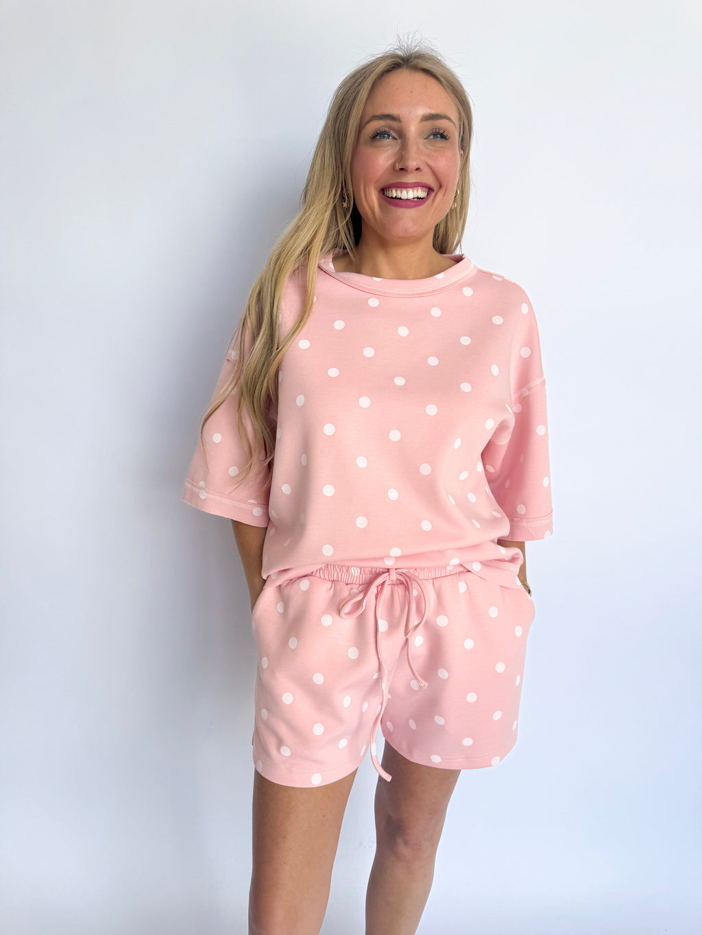 Logan Polka Dot Scuba Shorts + Top Set in Pink