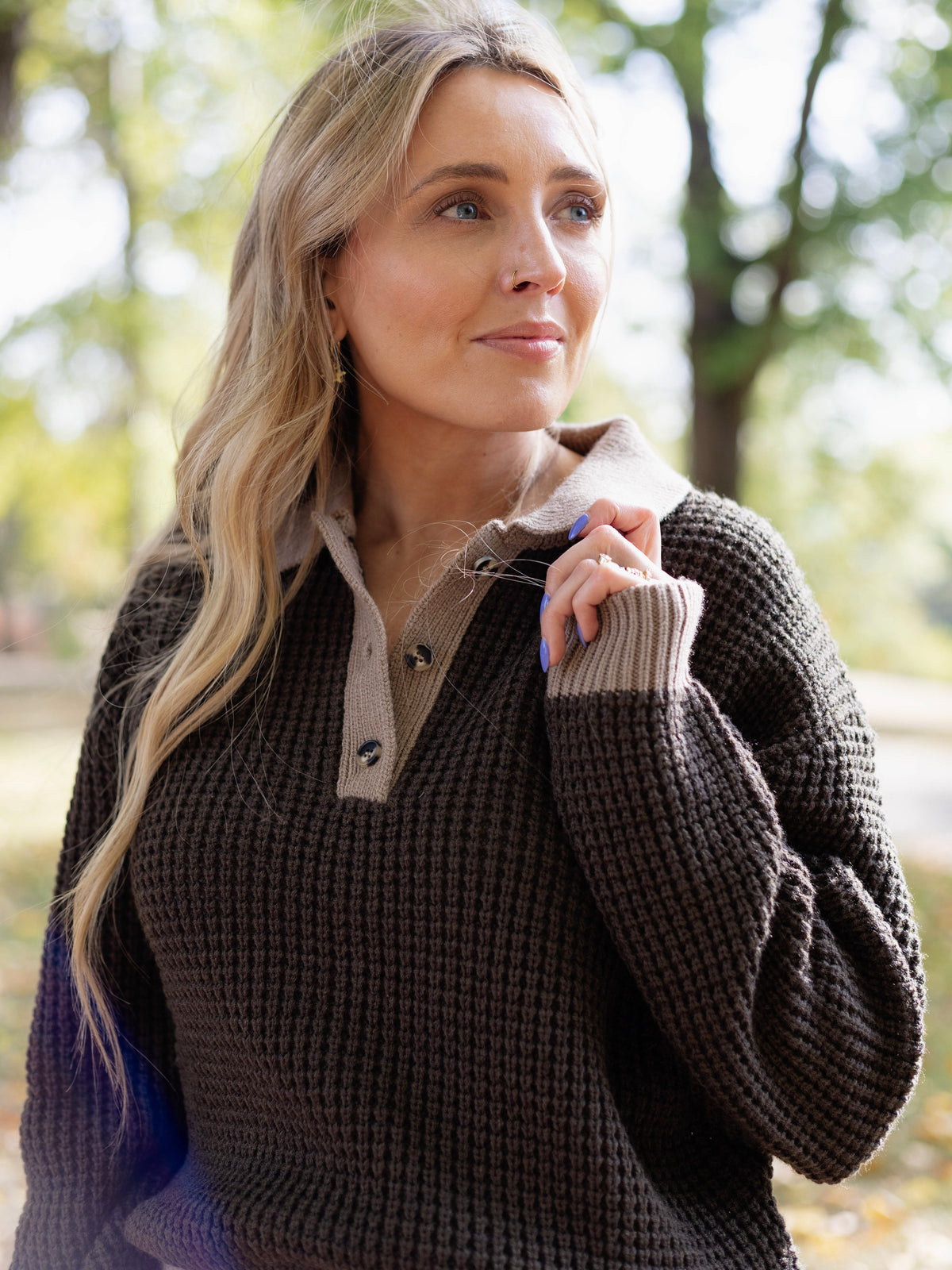 Evangeline Waffle Collar Sweater in Dark Olive