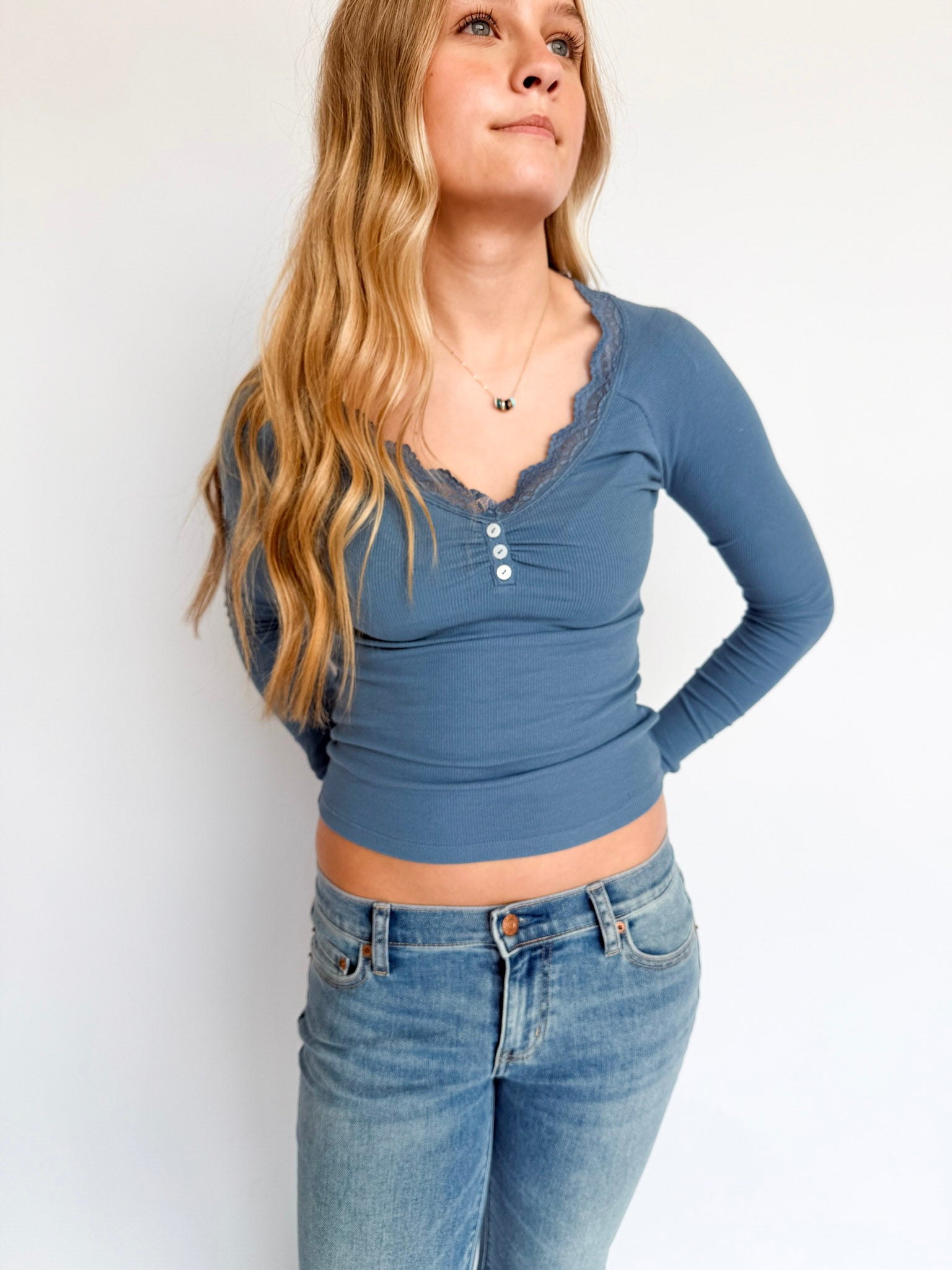 Leilani Lace Trim Henley in Dusty Blue