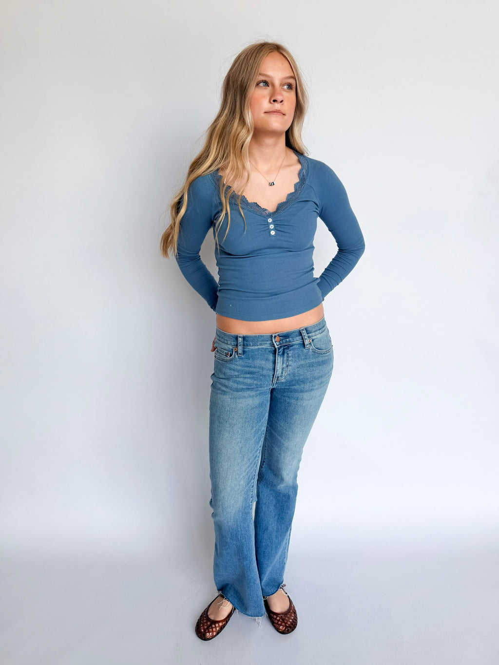 Leilani Lace Trim Henley in Dusty Blue